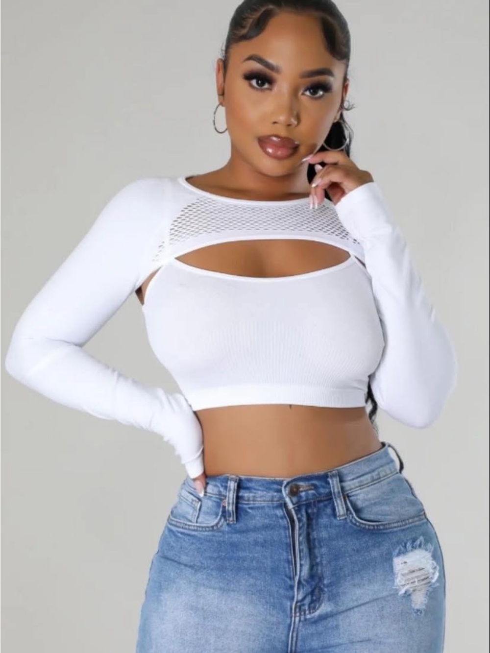 Cutout Mesh Long-Sleeve Crop Top - White